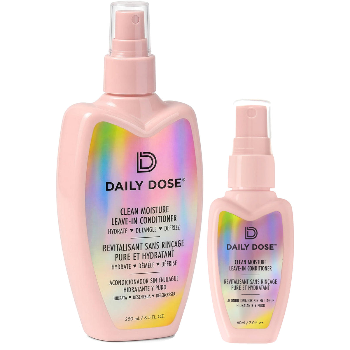 Daily Dose Leave-In Travel Duo: 8.5 oz and 2 oz spray bottles with clear caps on white