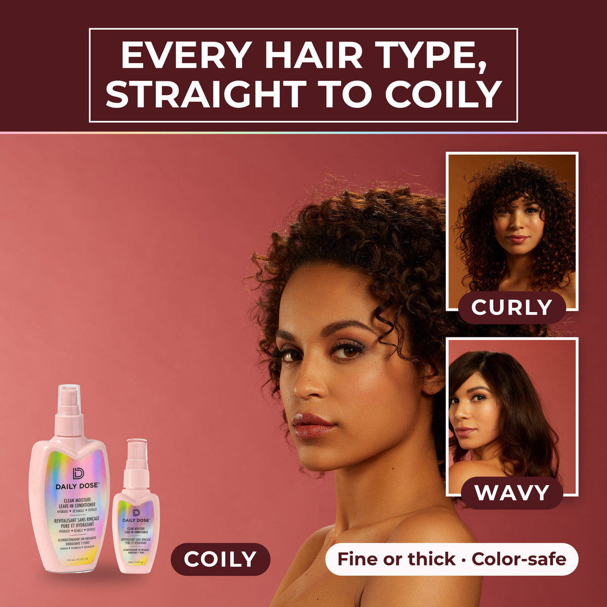 Daily Dose Leave-In Travel Duo: for every hair type, shown on coily, curly and wavy hair