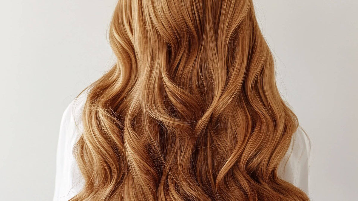 wavy strawberry blonde hair on grey background