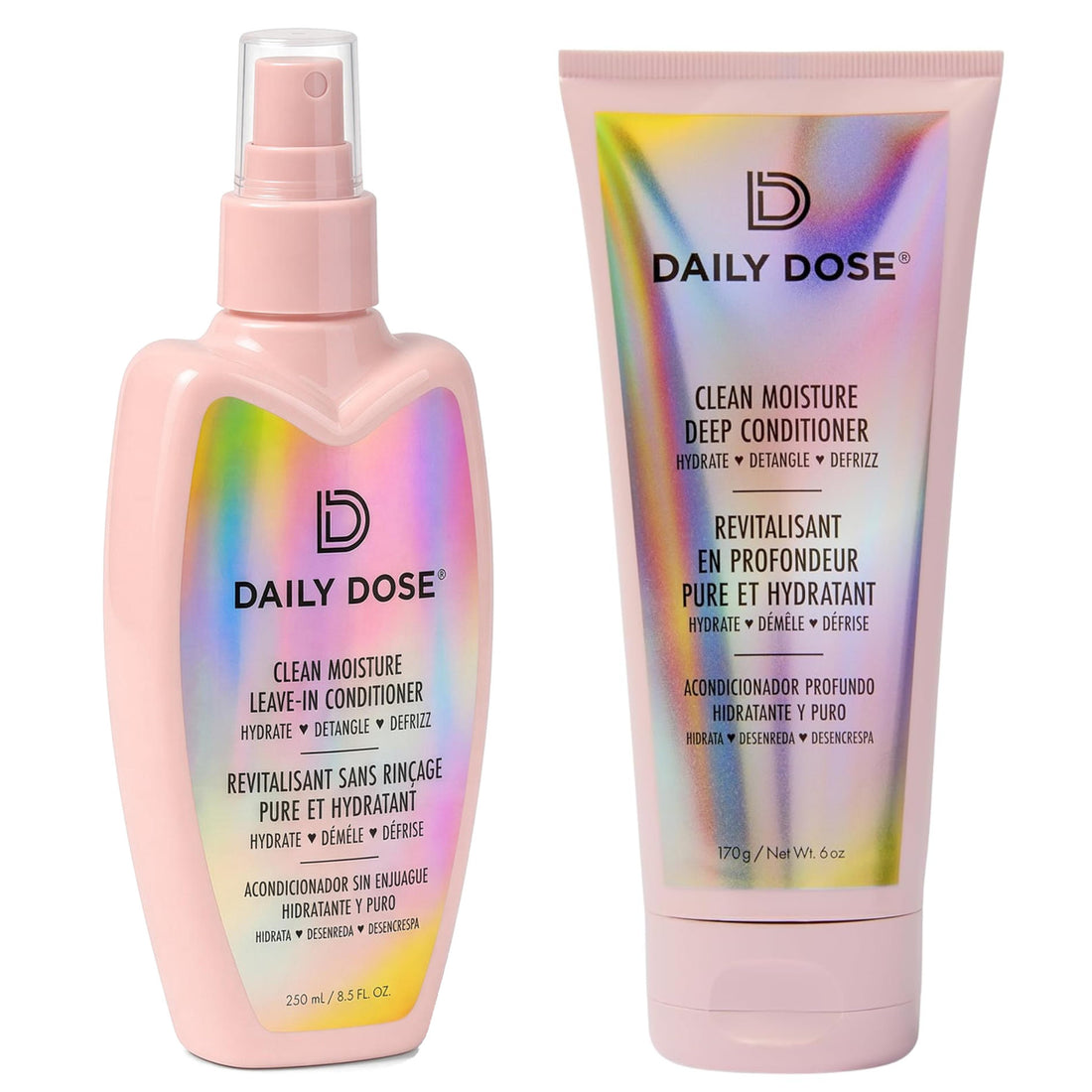 Daily Dose Moisture Duo: Leave-In Conditioner spray and Deep Conditioner tube on white