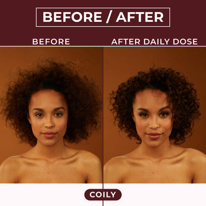 Daily Dose Leave-In: before and after on coily hair, same model, front view