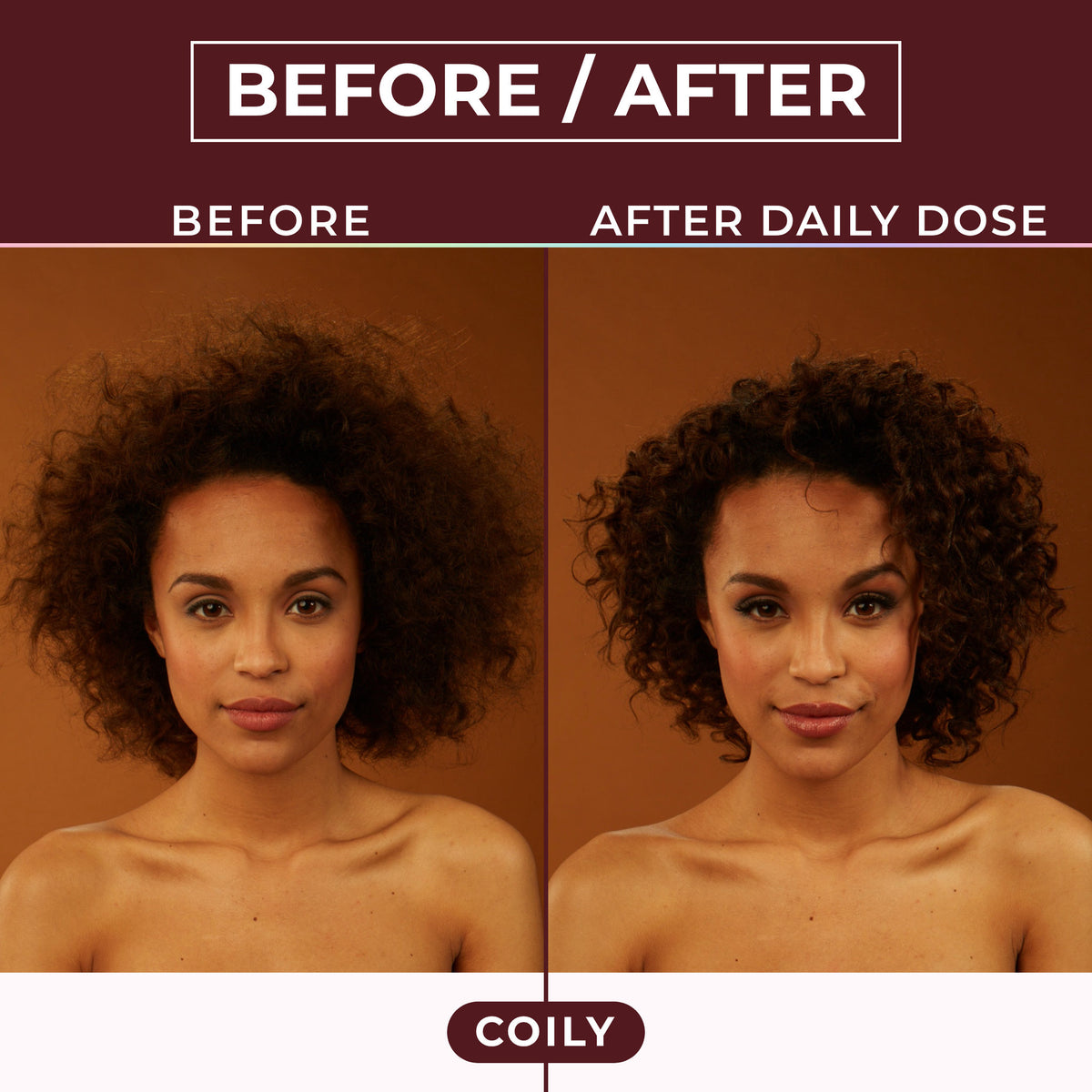 Daily Dose Leave-In Travel Duo: before and after on coily hair, same model, front view
