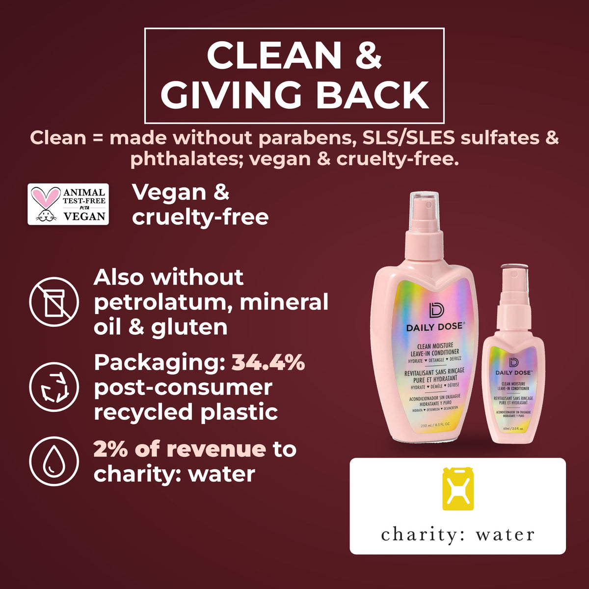 Daily Dose Leave-In Travel Duo: clean, vegan formula, 34.4% recycled plastic, 2% of revenue to charity: water