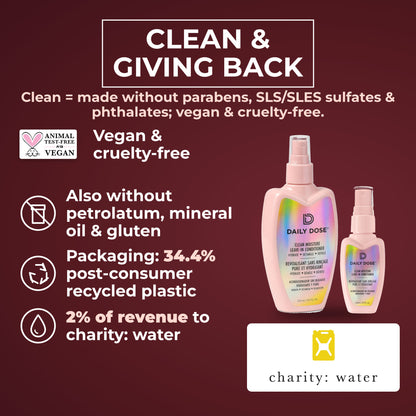 Daily Dose Leave-In Travel Duo: clean, vegan formula, 34.4% recycled plastic, 2% of revenue to charity: water