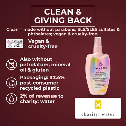 Daily Dose Leave-In: clean, vegan formula, 37.4% recycled plastic, 2% of revenue to charity: water