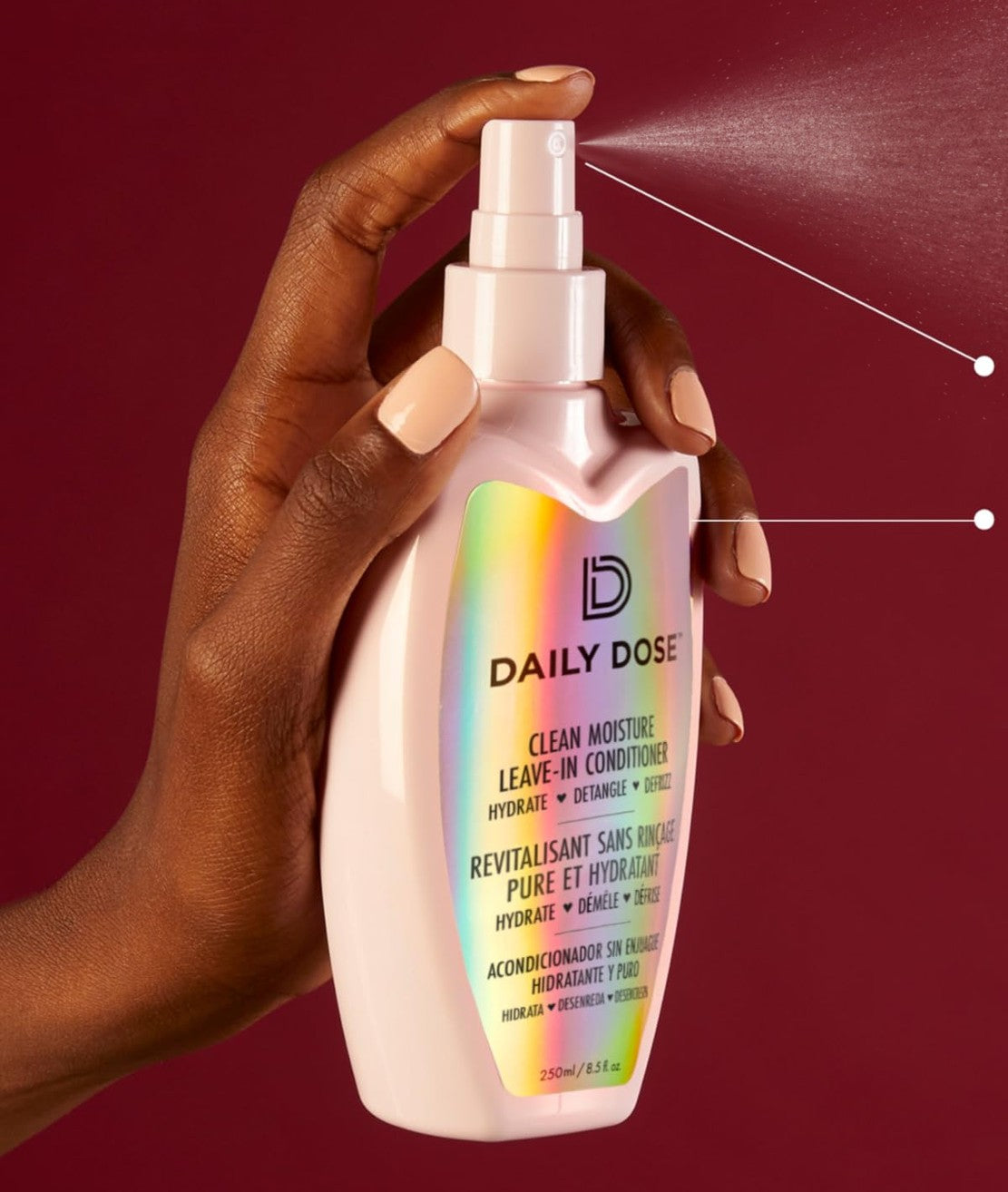 Hand spraying Daily Dose Clean Moisture Leave-In Conditioner 8.5 fl oz, pink sprayer, fine mist